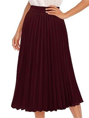 Pleated High Waist A-Line Flowy Midi Skirt with Lining